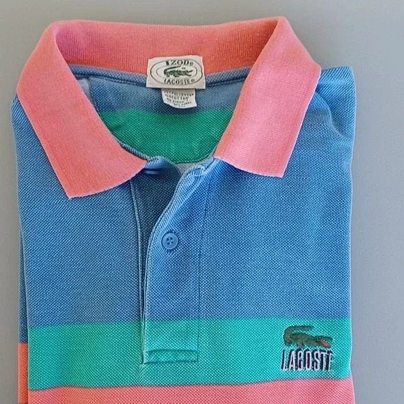VTG IZOD Lacoste Men's Striped Short Sleeve Polo Shirt Blue Coral Green XL - Picture 5 of 9